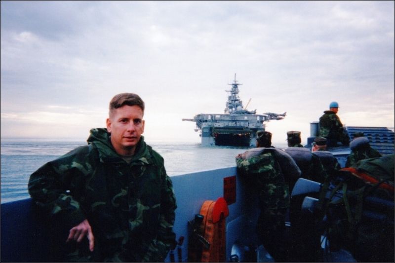 Jim McCrosky as a Marine riding a LCM to the USS Wasp (LHD-1), for another deployment