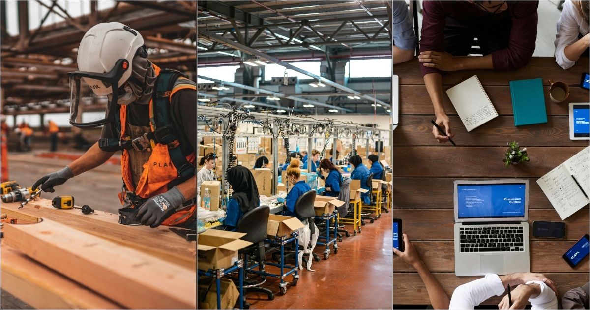 Panel of 3 images showing a construction worker, parts assembly workers, and a work group around table with laptops